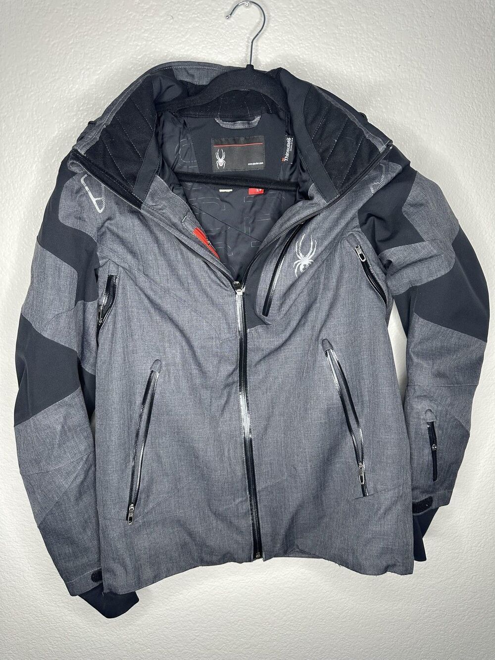 Spyder Jacket Mens Small Gray Herringbone Hooded Ski Thinsulate Zip Pockets